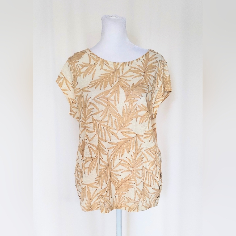 Nicole Miller Short Sleeve Top 100% Linen Leaf Print White Tan Size Small